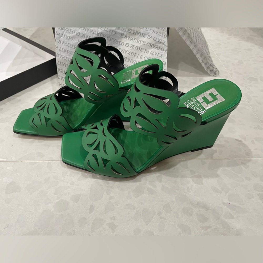 Emanuele Crasto Italian Green leather Vachetta floral Wedge Sandals 40